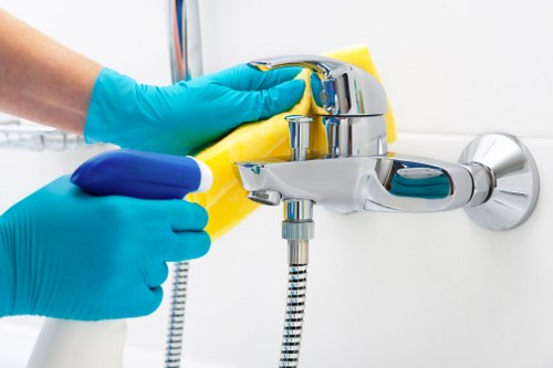 Staff member reviewing safe handling of cleaning products